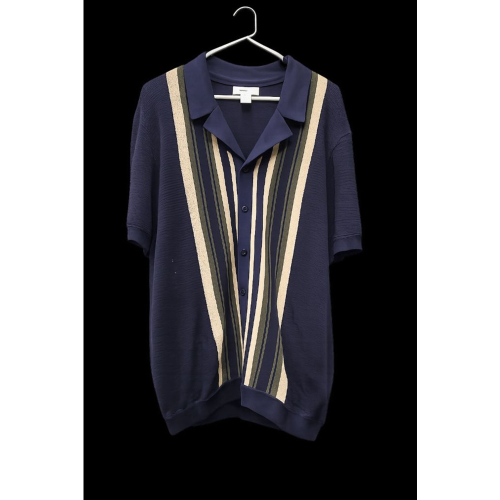 William Rast Men’s Knit Polo Sweater Large Navy Striped Johnny Collar Cotton